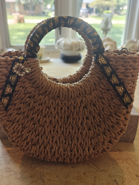 Upcycled Handbags - Woven Straw Circle Tote Bag with Bee Ribbon Rapped Handle And GG Charm